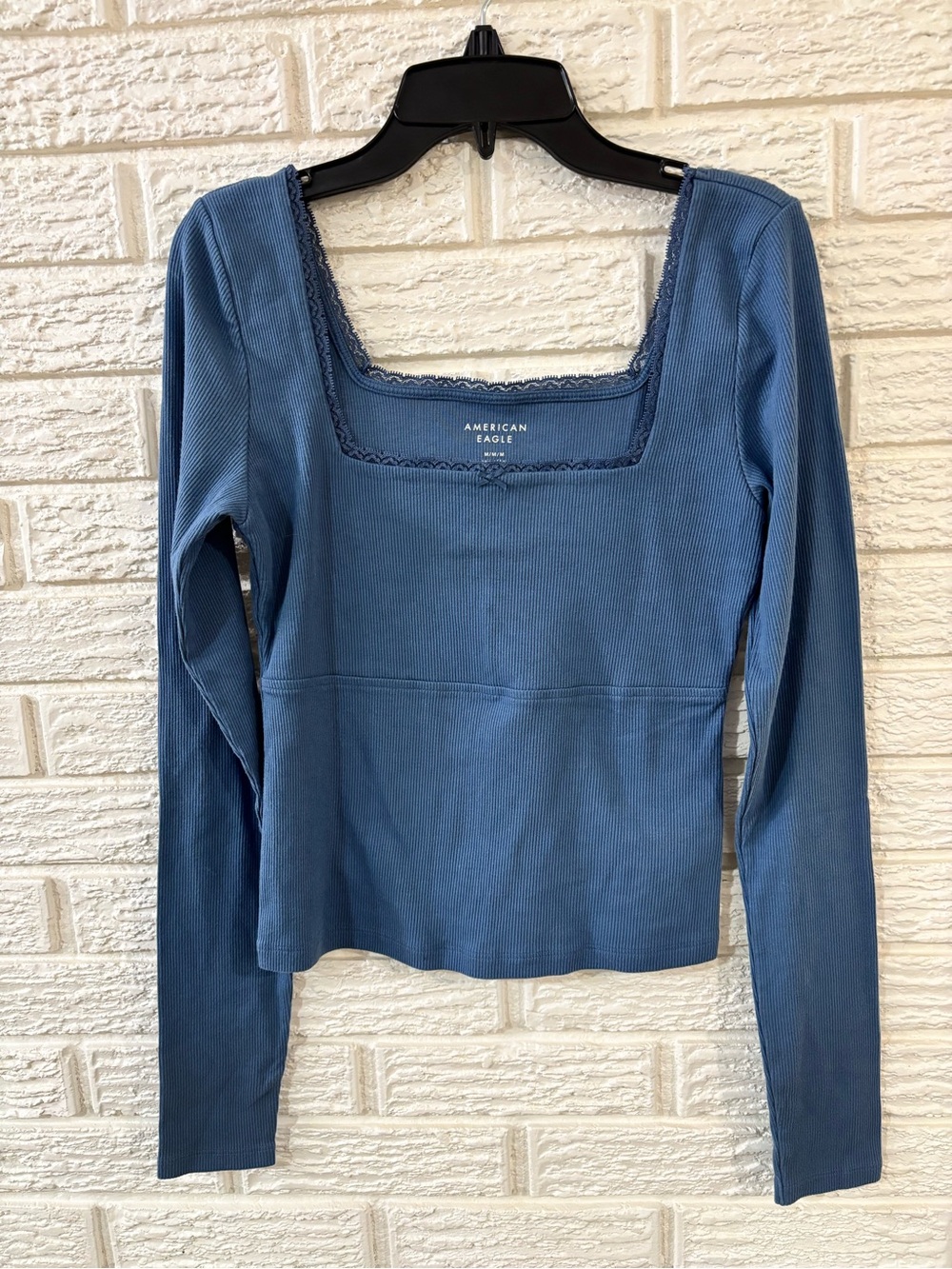 American Eagle Women's Blue Ribbed Knit Square Neck Lace Trim Bow Top Size M